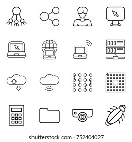 thin line icon set : share, woman, monitor arrow, notebook, globe, wireless, server, cloude service, cloud, chip, cpu, calculator, documents, surveillance camera, bug