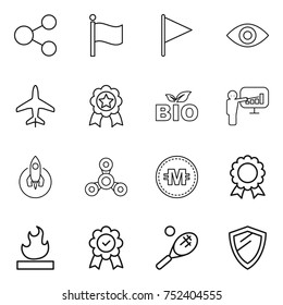 thin line icon set : share, flag, eye, plane, medal, bio, presentation, rocket, spinner, crypto currency, flammable, tennis, shield