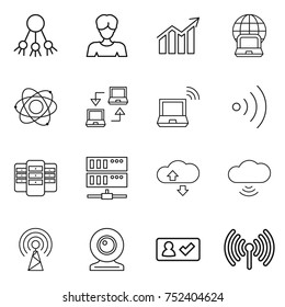 thin line icon set : share, woman, diagram, notebook globe, atom, connect, wireless, server, cloude service, cloud, antenna, web cam, check in