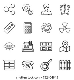 thin line icon set : share, gear, woman, alarm clock, sale, calculator, atom, nuclear, ufo, cashbox, panel house, map, chest of drawers, phone, pan, fence