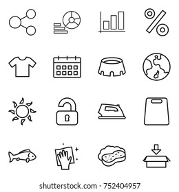 thin line icon set : share, diagram, graph, percent, t shirt, calendar, stadium, earth, sun, unlocked, iron, cutting board, fish, wiping, sponge with foam, package
