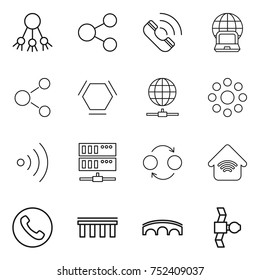 thin line icon set : share, call, notebook globe, molecule, hex, connect, round around, wireless, server, quantum bond, home, phone, bridge, satellite