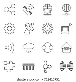 thin line icon set : share, call, notebook globe, connect, gear, satellite antenna, round around, wireless, cloud, quantum bond, home, puzzle, bridge