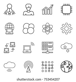 thin line icon set : share, woman, diagram, chip, notebook globe, atom core, round around, connect, wireless, server, cloude service, cloud, antenna
