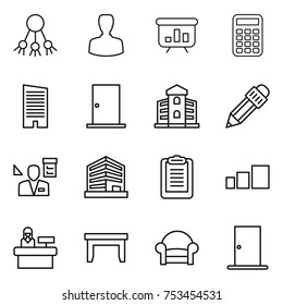 thin line icon set : share, man, presentation, calculator, skyscraper, door, building, pencil, architector, office, clipboard, sorting, reception, table, armchair