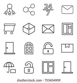 thin line icon set : share, 24 7, mail, delivery, box, window, door, arch, unlock, package, insurance, unlocked