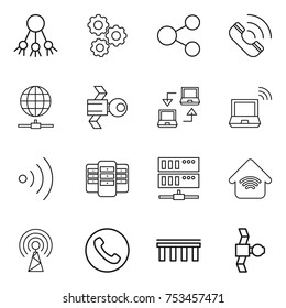thin line icon set : share, gear, call, globe connect, satellite, notebook, wireless, server, home, antenna, phone, bridge