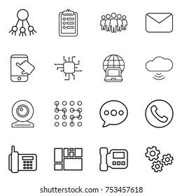 thin line icon set : share, clipboard, team, mail, touch, chip, notebook globe, cloud wireless, web cam, balloon, phone, consolidated cargo, intercome, gears