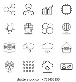 thin line icon set : share, woman, diagram, chip, notebook globe, atom core, connect, server, cloude service, cloud wireless, home, antenna, smart house, check in