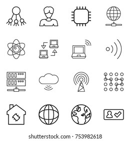 thin line icon set : share, woman, chip, globe connect, atom, notebook, wireless, server, cloud, antenna, smart house, check in