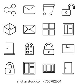 thin line icon set : share, mail, delivery, unlock, box, window, door, arch, package, unlocked