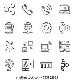 thin line icon set : share, phone, call, notebook, globe, connect, gear, satellite, antenna, wireless, server, mobile pay, bridge