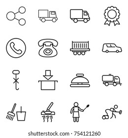 thin line icon set : share, truck, delivery, medal, phone, shipping, car, do not hook sign, package, service bell, sweeper, bucket and broom, vacuum cleaner, woman with duster