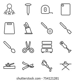 thin line icon set : share, nail, measuring tape, cutting board, stands for knives, skimmer, spatula, big spoon, scissors, double boiler, blender, soil cutter, pruner, blower, iron