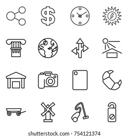 thin line icon set : share, dollar, clock, sun power, column, globe, route, potection, warehouse, camera, cutting board, croissant, trailer, windmill, vacuum cleaner, do not distrub