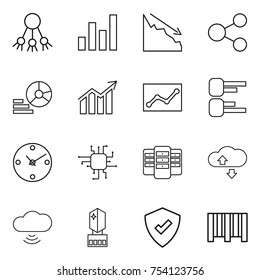 thin line icon set : share, graph, crisis, diagram, statistics, clock, chip, server, cloude service, cloud wireless, crystall memory, protected, bar code