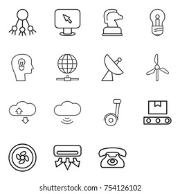 thin line icon set : share, monitor arrow, chess horse, bulb, head, globe connect, satellite antenna, windmill, cloude service, cloud wireless, segway, transporter tape, cooler fan, air conditioning