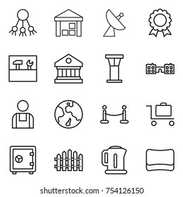 thin line icon set : share, warehouse, satellite antenna, medal, tools, library, airport tower, school, workman, earth, vip fence, baggage trolley, safe, kettle, sponge