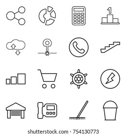thin line icon set : share, circle diagram, calculator, pedestal, cloude service, laser, phone, stairs, sorting, cart, handwheel, electricity, garage, intercome, rake, bucket
