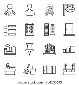 thin line icon set : share, man, presentation, store signboard, list, building, skyscrapers, door, city, pin, office, sorting, reception, bucket and broom, clean window, skysrcapers cleaning