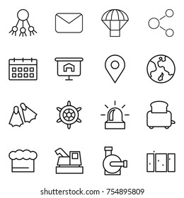 thin line icon set : share, mail, parachute, molecule, calendar, presentation, geo pin, earth, flippers, handwheel, alarm, toaster, chief hat, harvester, water pump, clean window