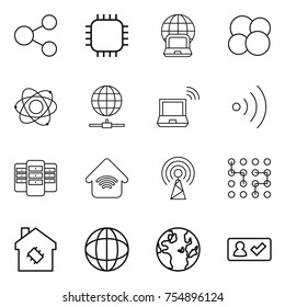 thin line icon set : share, chip, notebook globe, atom core, connect, wireless, server, home, antenna, smart house, check in