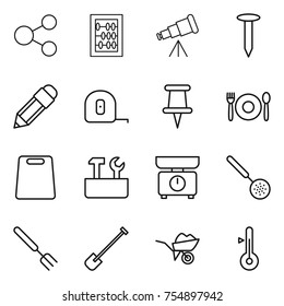thin line icon set : share, abacus, telescope, nail, pencil, measuring tape, pin, cafe, cutting board, repair tools, kitchen scales, skimmer, big fork, shovel, wheelbarrow, thermometer