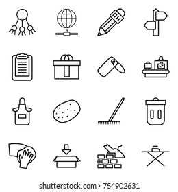 thin line icon set : share, globe connect, pencil, signpost, clipboard, hi quality package, label, baggage checking, apron, potato, rake, trash bin, wiping, construct garbage, iron board