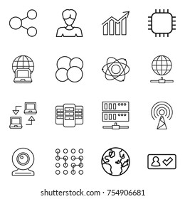 thin line icon set : share, woman, diagram, chip, notebook globe, atom core, connect, server, antenna, web cam, check in