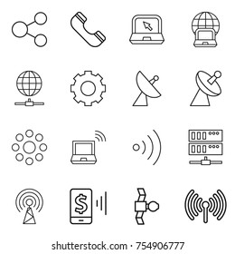 thin line icon set : share, phone, notebook, globe, connect, gear, satellite antenna, round around, wireless, server, mobile pay