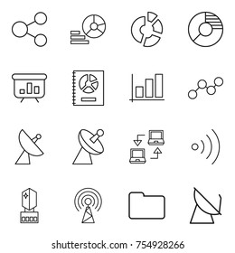 thin line icon set : share, diagram, circle, presentation, annual report, graph, satellite antenna, notebook connect, wireless, crystall memory, documents