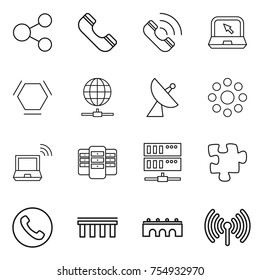 thin line icon set : share, phone, call, notebook, hex molecule, globe connect, satellite antenna, round around, wireless, server, puzzle, bridge