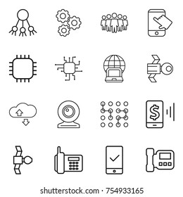 thin line icon set : share, gear, team, touch, chip, notebook globe, satellite, cloude service, web cam, mobile pay, phone, checking, intercome