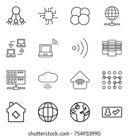 thin line icon set : share, chip, atom core, globe connect, notebook, wireless, server, cloud, home, smart house, check in