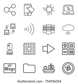 thin line icon set : share, touch, chip, notebook, connect, wireless, server, cloud, crystall memory, cpu, right arrow, calculator, invoice, documents, baggage checking, cooler fan