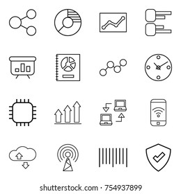thin line icon set : share, circle diagram, statistics, presentation, annual report, graph, clock, chip, up, notebook connect, phone wireless, cloude service, antenna, bar code, protected