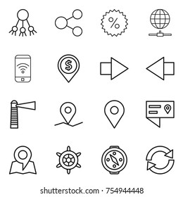 thin line icon set : share, percent, globe connect, phone wireless, dollar pin, right arrow, left, lighthouse, geo, location details, map, handwheel, compass, reload