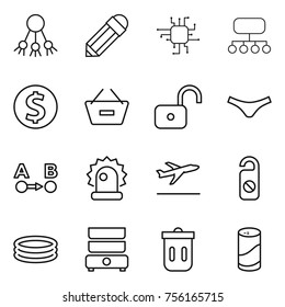 Thin line icon set : share, pencil, chip, structure, dollar coin, remove from basket, unlock, underpants, route a to b, alarm, departure, do not distrub, inflatable pool, double boiler, trash bin