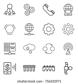 Thin line icon set : share, gear, phone, notebook globe, hex molecule, connect, round around, server, cloude service, quantum bond, antenna, mobile pay, bridge, satellite