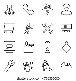 Thin line icon set : share, phone, 24 7, woman, delivery, courier, pencil wrench, truck shipping, atm, reception, do not distrub, rag, wiping, brooming, iron