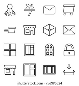 Thin line icon set : share, 24 7, mail, delivery, shop, box, window, arch, unlock, package