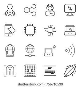 thin line icon set : share, call center, monitor arrow, touch, chip, notebook, globe, connect, wireless, fingerprint, cpu, invoice, bug