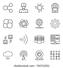 thin line icon set : share, woman, chip, notebook globe, atom core, connect, round around, wireless, server, cloud, antenna, web cam