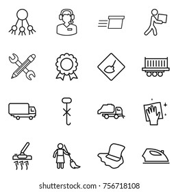 Thin line icon set : share, call center, delivery, courier, pencil wrench, medal, under construction, truck shipping, do not hook sign, trash, wiping, vacuum cleaner, brooming, floor washing, iron