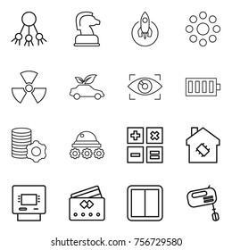 Thin line icon set : share, chess horse, rocket, round around, nuclear, eco car, eye identity, battery, virtual mining, lunar rover, calculator, smart house, atm, credit card, power switch, mixer
