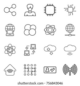Thin line icon set : share, woman, chip, notebook globe, atom core, connect, cloude service, cloud wireless, home, check in