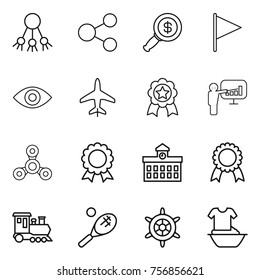 Thin line icon set : share, dollar magnifier, flag, eye, plane, medal, presentation, spinner, university, train, tennis, handwheel, handle washing