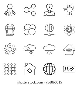 Thin line icon set : share, woman, chip, notebook globe, atom core, connect, round around, cloude service, cloud wireless, home, smart house, check in