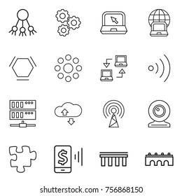 Thin line icon set : share, gear, notebook, globe, hex molecule, round around, connect, wireless, server, cloude service, antenna, web cam, puzzle, mobile pay, bridge