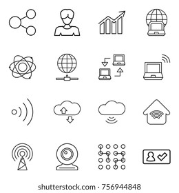 Thin line icon set : share, woman, diagram, notebook globe, atom, connect, wireless, cloude service, cloud, home, antenna, web cam, chip, check in